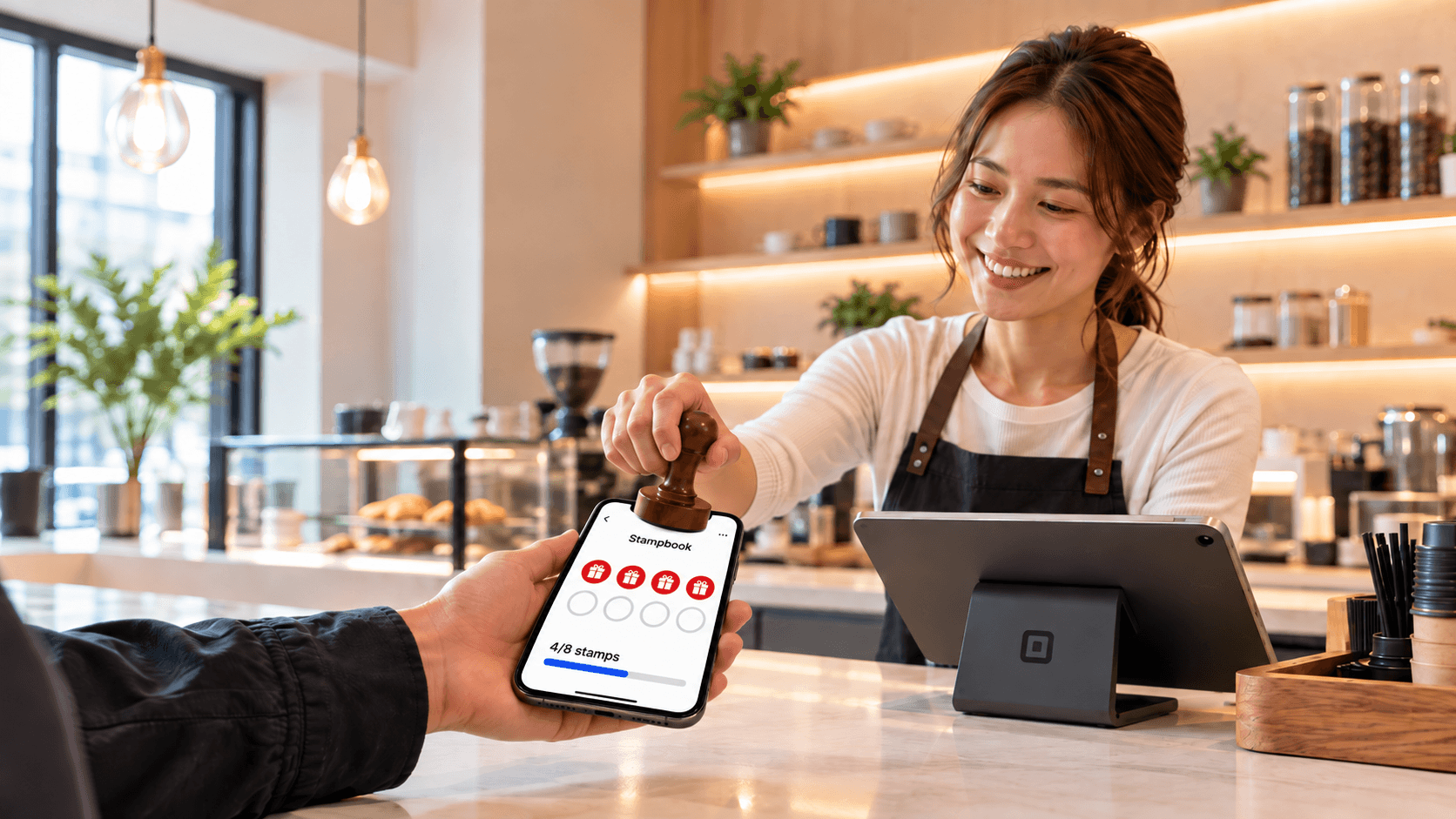 A café barista stamping a customer's phone at the counter; the phone shows a stamp book with 4 of 8 stamps