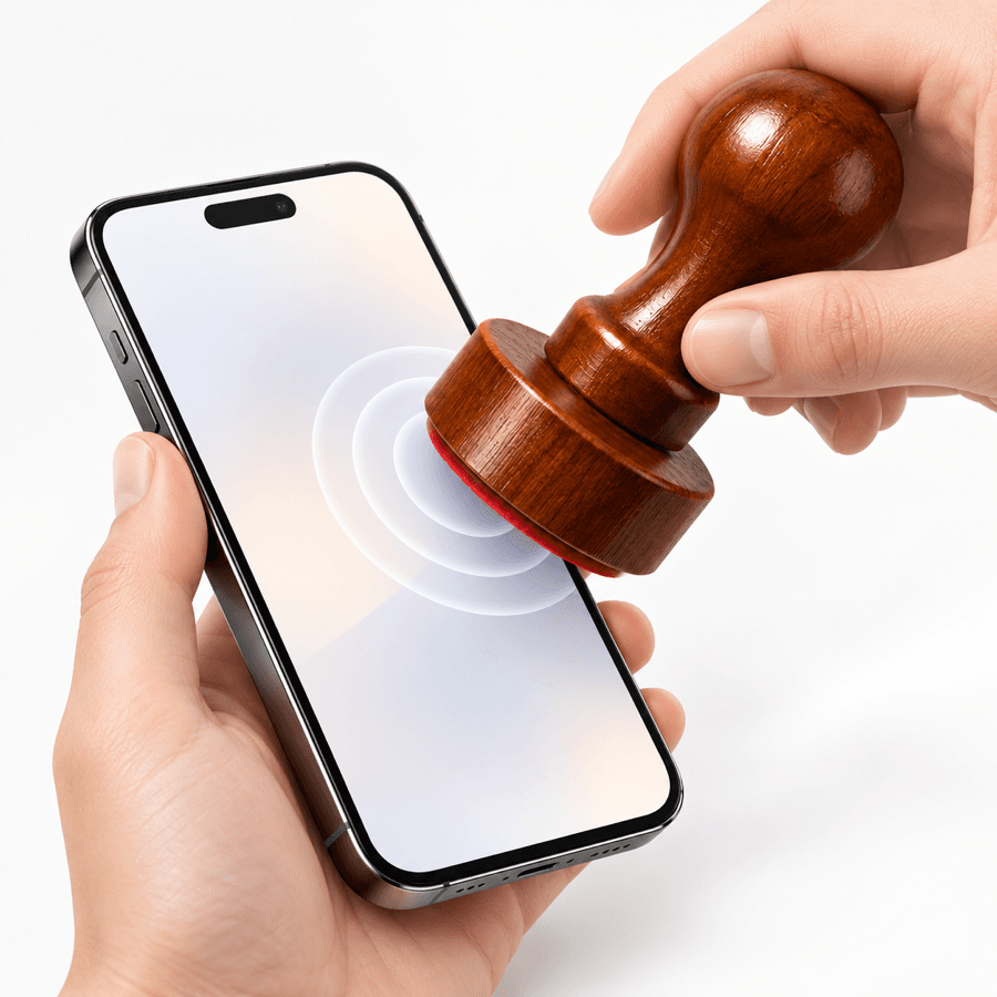 A shop's wooden stamp tapping a customer's phone